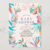 トロピッカラフルク葉のオウム赤ちゃんシャワー 招待状 (正面/裏面)