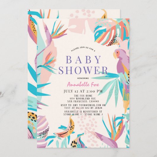 トロピッカラフルク葉のオウム赤ちゃんシャワー 招待状 (正面/裏面)