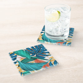 トロピッカラフルク葉・エキゾチック・パターン・デザイン ガラスコースター