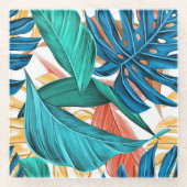 トロピッカラフルク葉・エキゾチック・パターン・デザイン ガラスコースター (正面)