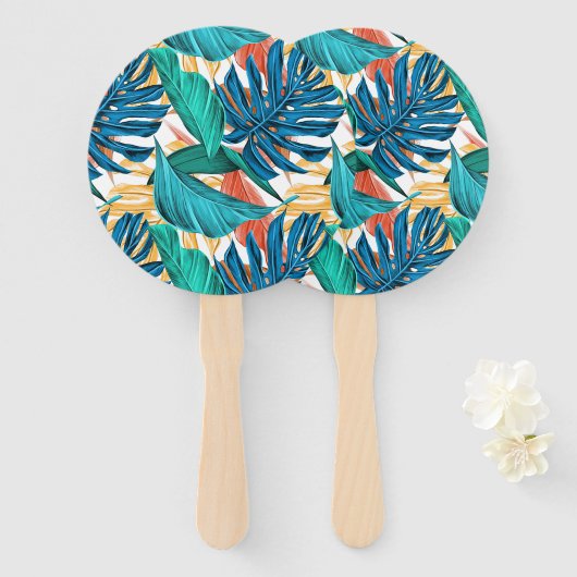 トロピッカラフルク葉・エキゾチック・パターン・デザイン ハンドファン (正面&裏面)