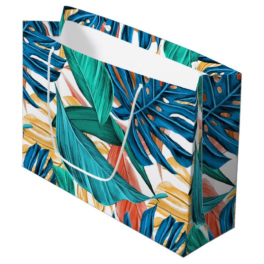 トロピッカラフルク葉・エキゾチック・パターン・デザイン ラージペーパーバッグ (正面アングル)