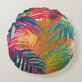 トロピッカラフルク離れのヤシの葉 ラウンドクッション