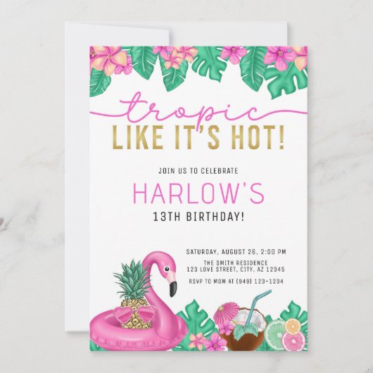 トロピックのような熱いピンクの熱帯誕生日 招待状 (正面)