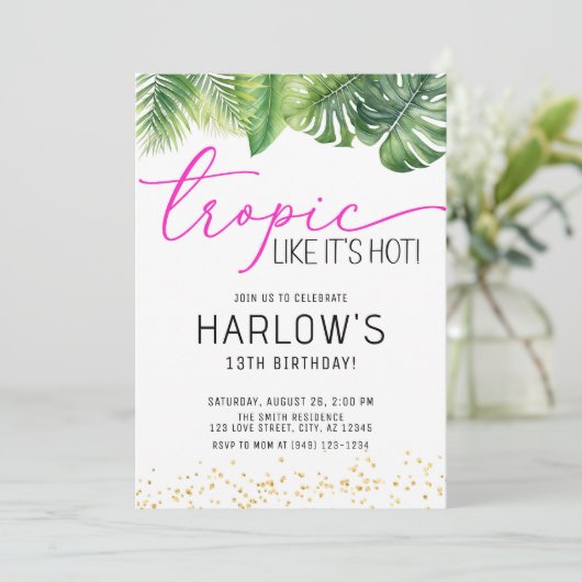 トロピックのような熱いピンクの熱帯誕生日 招待状 (スタンド正面)