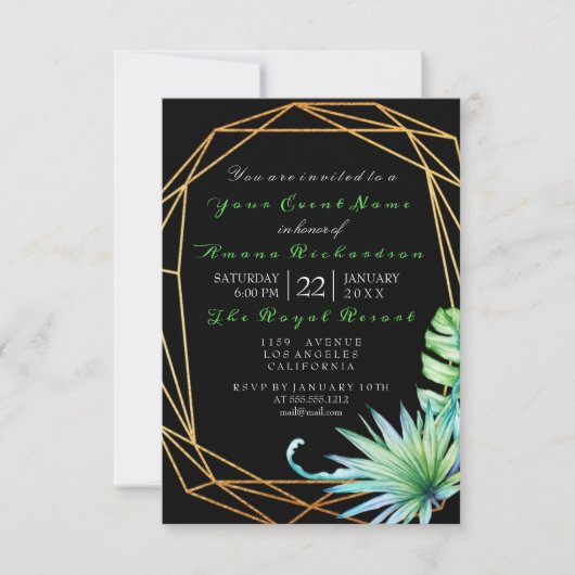 トロピックアクアブラックバースデーパーティーストライプの額縁 招待状 (正面)