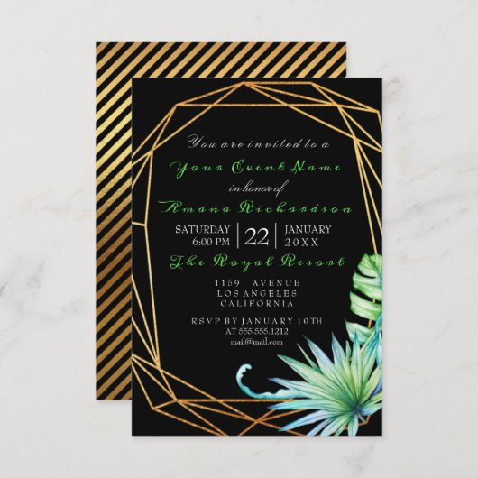 トロピックアクアブラックバースデーパーティーストライプの額縁 招待状 (正面/裏面)