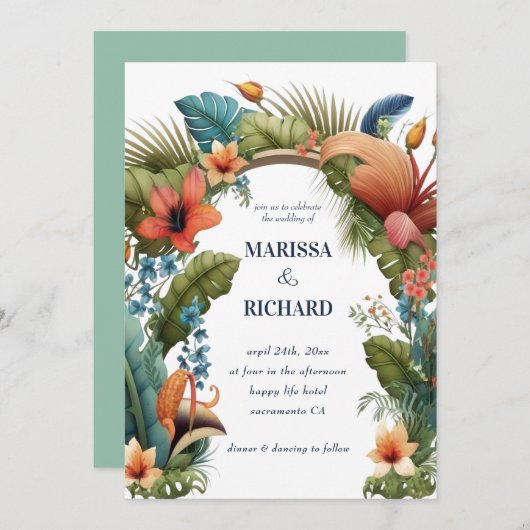 トロピックジャングルアーチエキゾチックフローラサマー結婚ズ 招待状 (正面/裏面)