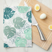 トロピックティール(緑がかった色)と灰色のパターン(の模様が)ある葉 キッチンタオル (四つ折り)