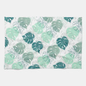 トロピックティール(緑がかった色)と灰色のパターン(の模様が)ある葉 キッチンタオル (横)