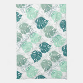 トロピックティール(緑がかった色)と灰色のパターン(の模様が)ある葉 キッチンタオル (縦)