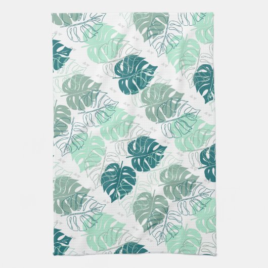 トロピックティール（緑がかった色）と灰色のパターン（の模様が）ある葉 キッチンタオル (縦)