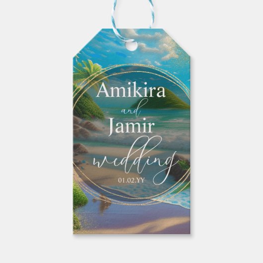 トロピックビーチフェイク背景結婚グリッター ギフトタグ (正面)