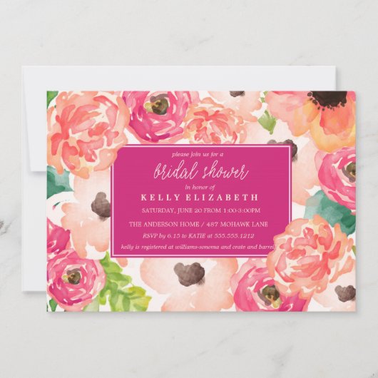 トロピック水カラーフローラブライダルシャワー招待 招待状 (正面)