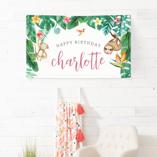 トロピッパーソナライズされたクジャングル子供の誕生日パーティー 横断幕 (インサイチュ)