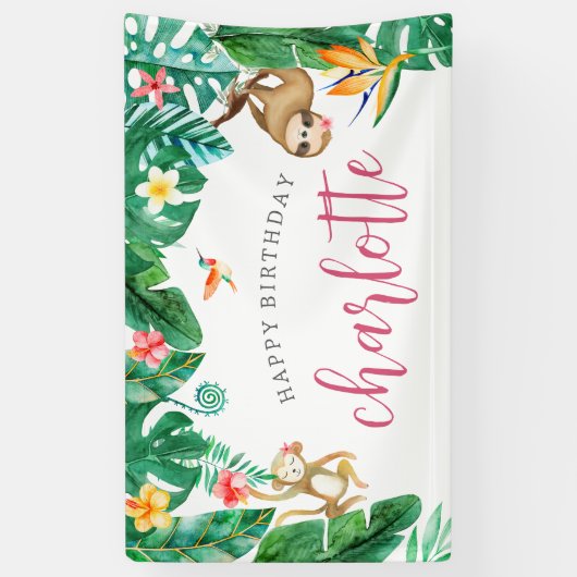 トロピッパーソナライズされたクジャングル子供の誕生日パーティー 横断幕 (縦)