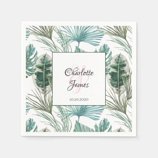 トロピッパーソナライズされたク結婚のパーム模様 スタンダードカクテルナプキン (正面)