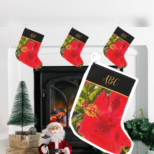 トロピッパーソナライズされたク赤花モノグラム ラージクリスマスストッキング