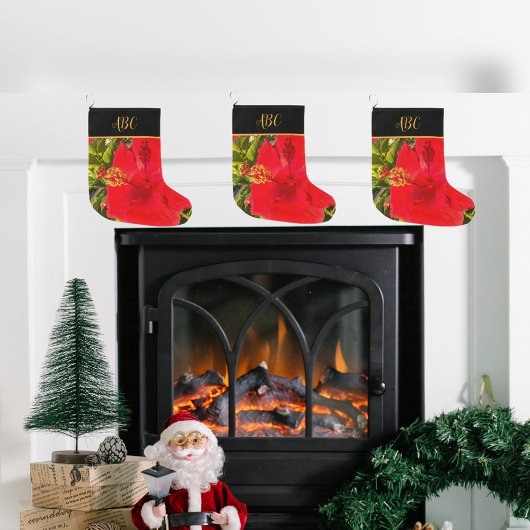 トロピッパーソナライズされたク赤花モノグラム ラージクリスマスストッキング