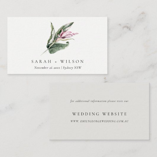 トロピッミニマルク・ピンク・リーフィ・フローラの結婚ウェブサイト 名刺 (正面/裏面)