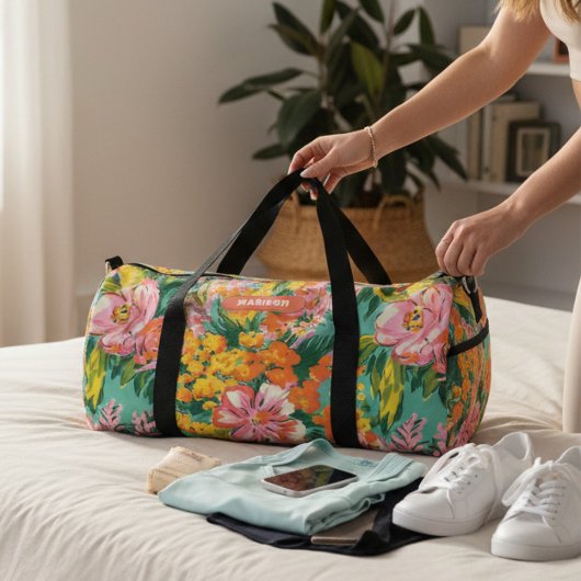 トロピッモダンクの花のパタパーソナライズされたーン名 ダッフルバッグ