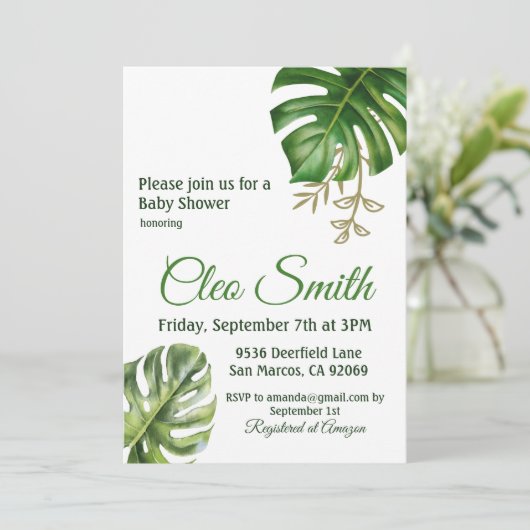 トロピッモダンクの葉の男女兼用赤ちゃんシャワー 招待状 (スタンド正面)