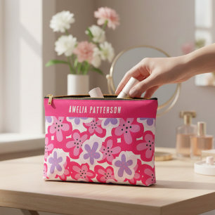 トロピッモダンクピンクフローラパーソナライズされた名 アクセサリーポーチ