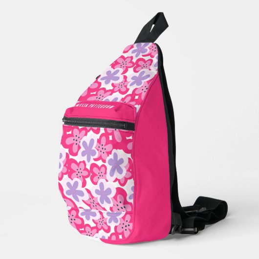 トロピッモダンクピンクフローラパーソナライズされた名 スリングバッグ (右コーナー)
