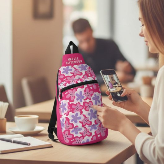 トロピッモダンクピンクフローラパーソナライズされた名 スリングバッグ