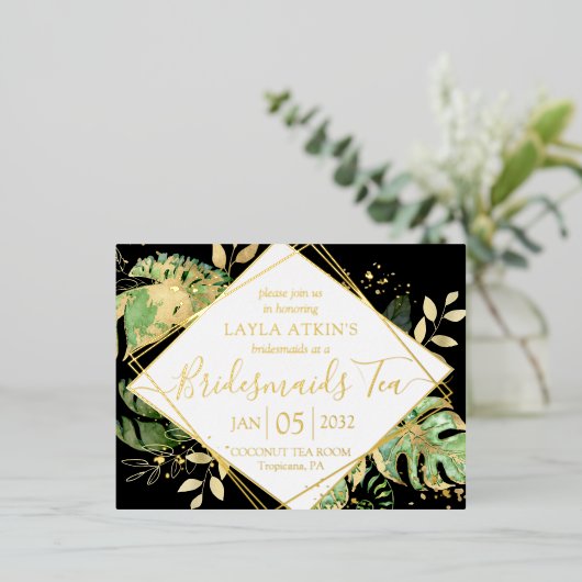 トロピッモダンクブリデスメイドティーシャワーゴールドフォイルI 箔招待状ポストカード (立ち正面)