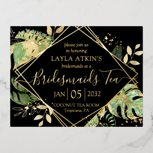 トロピッモダンクブリデスメイド茶シャワー金ゴールド 箔招待状ポストカード (正面)