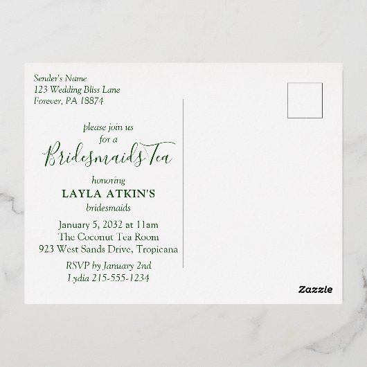 トロピッモダンクブリデスメイド茶シャワー金ゴールド 箔招待状ポストカード (裏面)