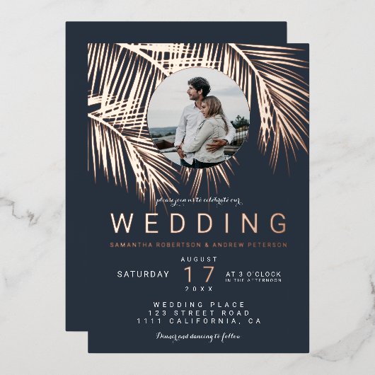 トロピッモダンク光バラ金ゴールド結婚ヤシ 箔招待状 (正面/裏面)