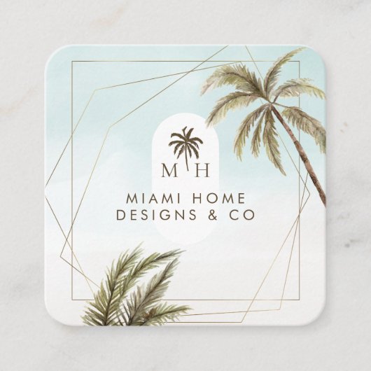 トロピッモダンク水色ヤシの木モノグラム スクエア名刺 (正面)