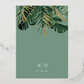 トロピッモダンク葉パームのほこりっぽい結婚グリーンのFo 箔招待状 (裏面)