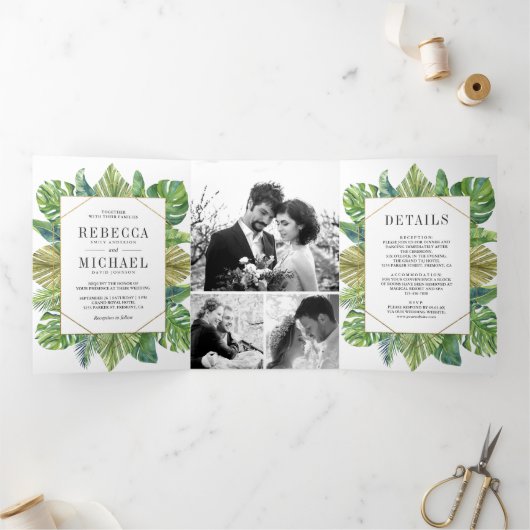 トロピッモダンク葉パームの写真結婚コラージュ 三つ折り招待状 (内部)