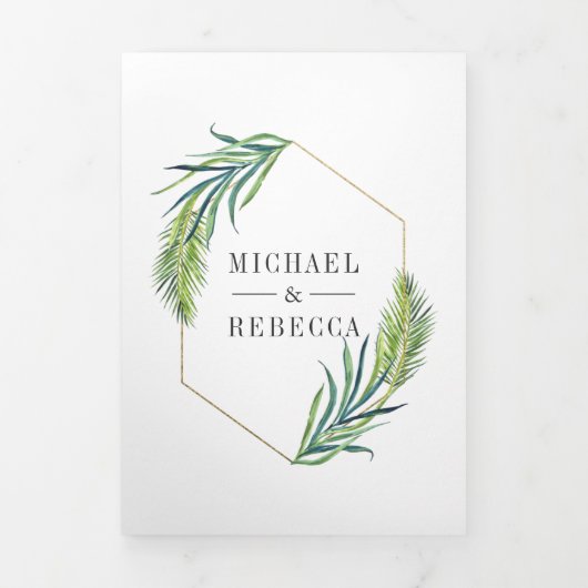 トロピッモダンク葉パームの写真結婚コラージュ 三つ折り招待状 (カバー)