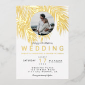 トロピッモダンク金ゴールドヤシの木の白結婚色 箔招待状 (正面)