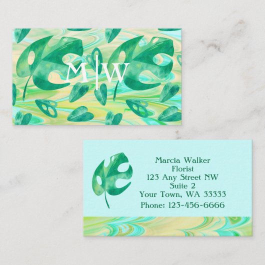 トロピッモノグラムのクモンステラリーフグリーンラグジュアリー 名刺 (正面/裏面)