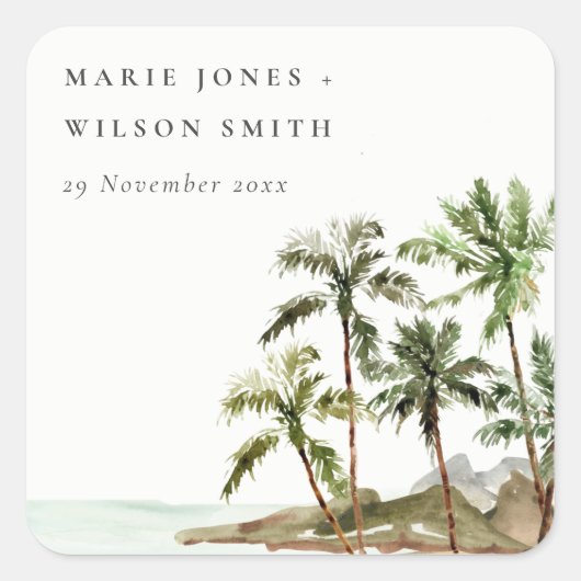 トロピッ素朴クパームツリーズビーチサンド結婚ズ スクエアシール (正面)