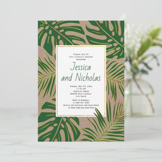 トロピッ葉ククラフト紙の結婚カップルのシャワー 招待状 (スタンド正面)