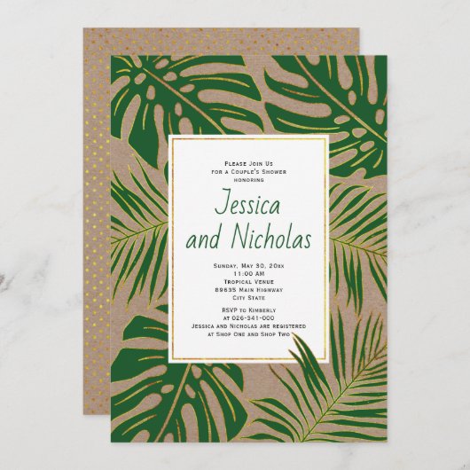 トロピッ葉ククラフト紙の結婚カップルのシャワー 招待状 (正面/裏面)