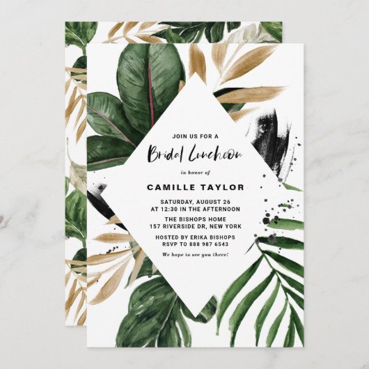 トロピッ葉クゴールドフォイルフレームブライダルランチョン 招待状 (正面/裏面)