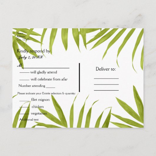 トロピッ葉クサマーエレガントウェディングRSVP インビテーションポストカード (裏面)
