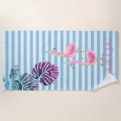 トロピッ葉クストライプの，ピンクフラミンゴ ビーチタオル (正面)