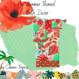 トロピッ葉クティール（緑がかった色）赤、緑、サンゴ、赤いトリム バスタオルセット