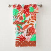 トロピッ葉クティール（緑がかった色）赤、緑、サンゴ、赤いトリム バスタオルセット (インサイチュ)
