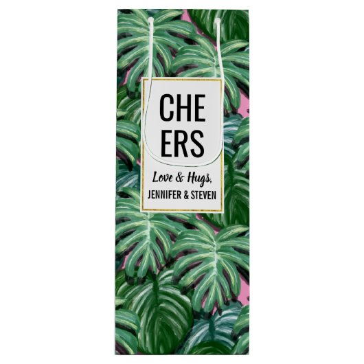 トロピッ葉クパターン – 緑の葉 ワインギフトバッグ (正面)