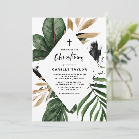 トロピッ葉クフェイクゴールドフォイルフレーム《キリスト教》洗礼式や命名式 招待状 (スタンド正面)