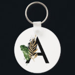 トロピッ葉クフェイク・ゴールド・フォイル・レターAモノグラム キーホルダー<br><div class="desc">トロピッ離れクフェイク・ゴールド・フォイル・レターAモノグラム・キーチェーン | Bohoモノグラムのキーチェインは、水色のトロピカル離れと金ゴールドフォイルアクセントをフェイク特徴とする。この熱帯キーチェーンは夏に最適だ。このデザインは他のアイテムで使用できる。</div>